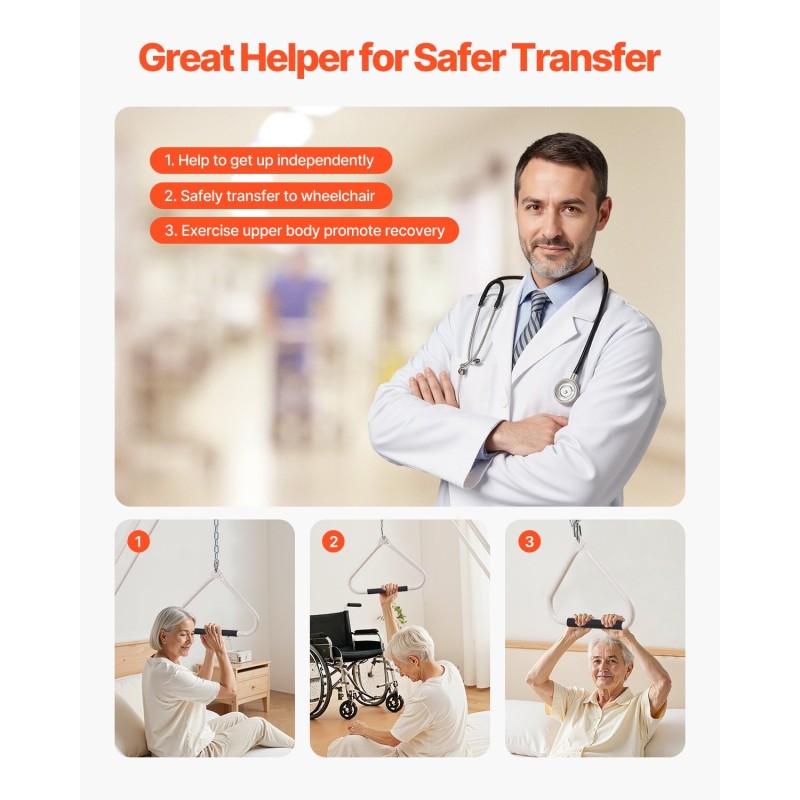 Sängyn yläpuolinen trapetsitanko jauhepinnoitettua terästä säädettävä kahva 113 kg