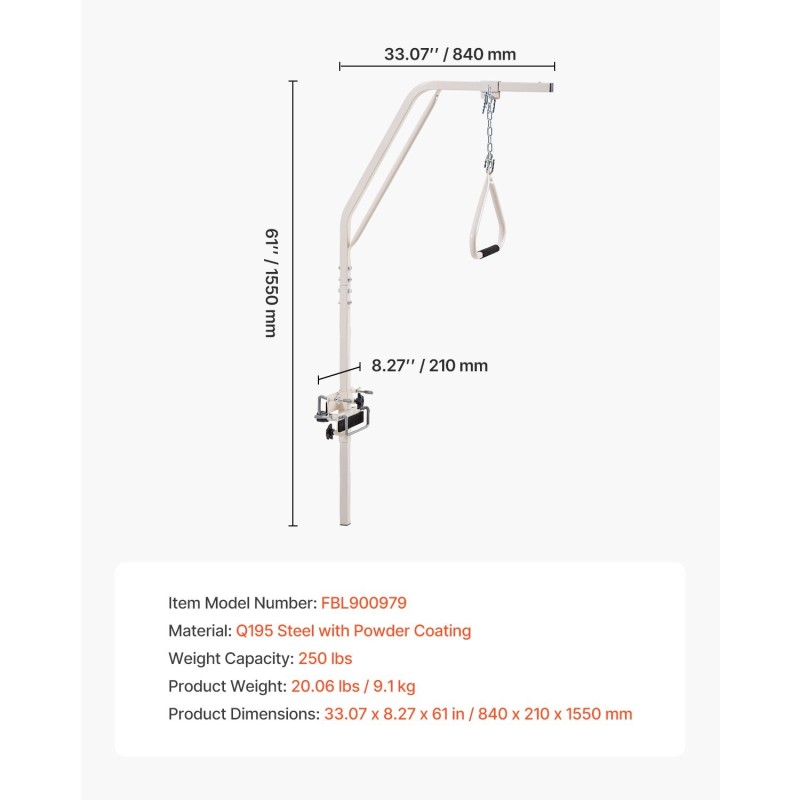 Sängyn yläpuolinen trapetsitanko jauhepinnoitettua terästä säädettävä kahva 113 kg