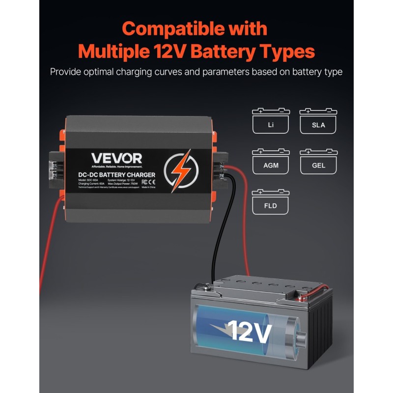 DC-DC-akkulaturi 12V 60A 750W alumiinikuori ajoneuvoihin ja veneisiin