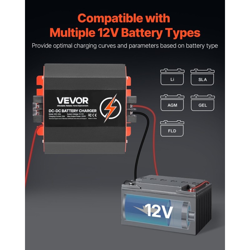 DC–DC-akunlaturi 12V 20A alumiinikotelolla lyijy- ja litiumakuille