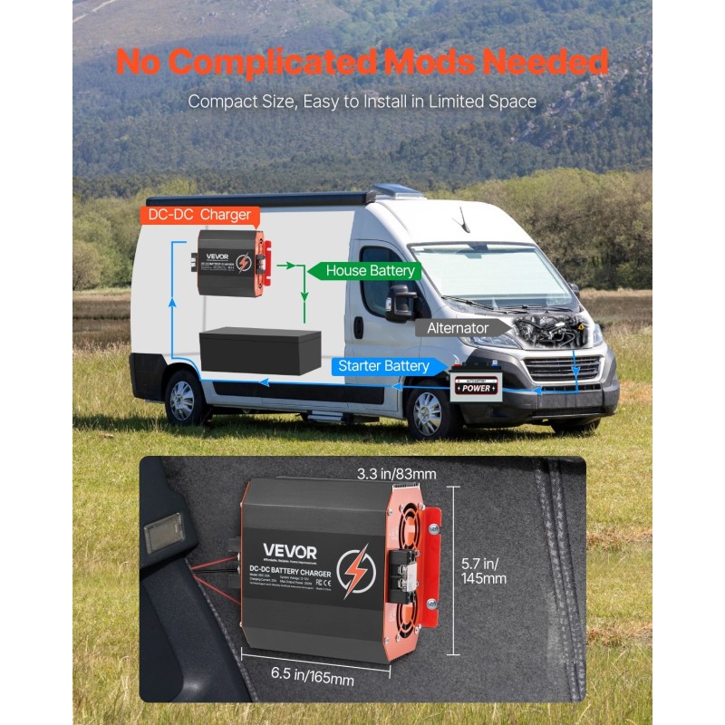 DC–DC-akunlaturi 12V 20A alumiinikotelolla lyijy- ja litiumakuille