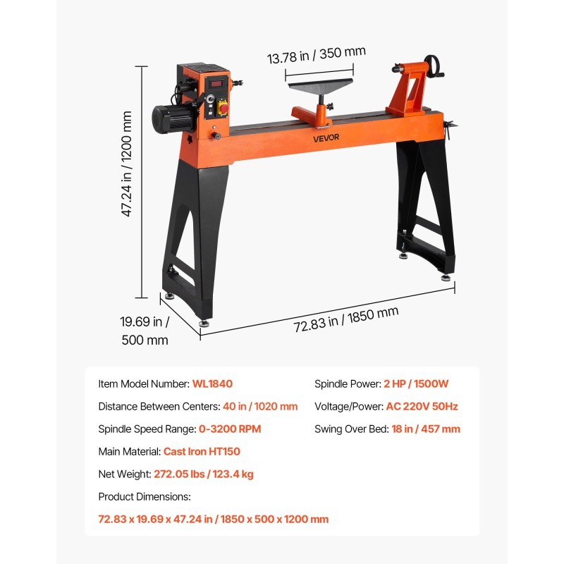 Puutyösorvi 1500 W valurautarunko harjaton tasavirtamoottori 1020 mm keskiöväli