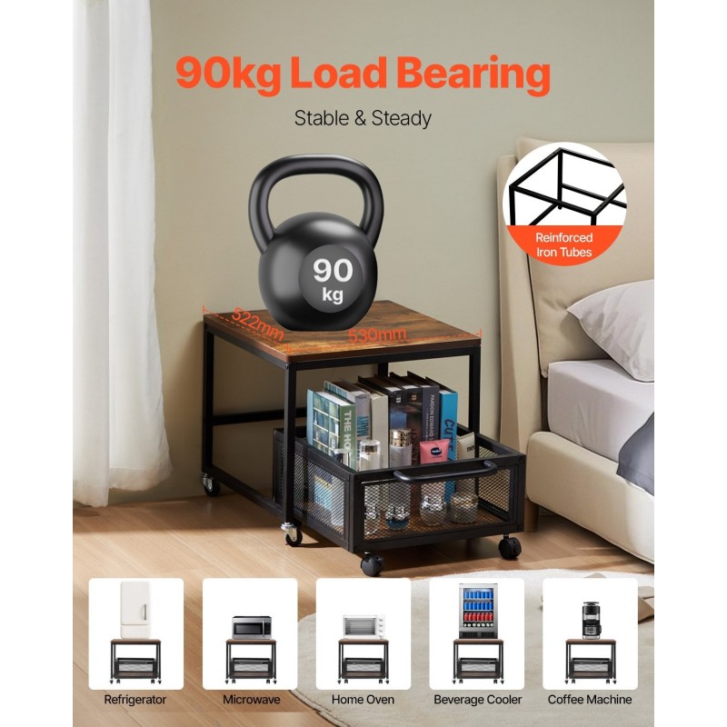 Minijääkaapin teline metallirungolla E1-luokan puutasolla liikuteltavalla säilytyskärryllä ja lukittavilla pyörillä