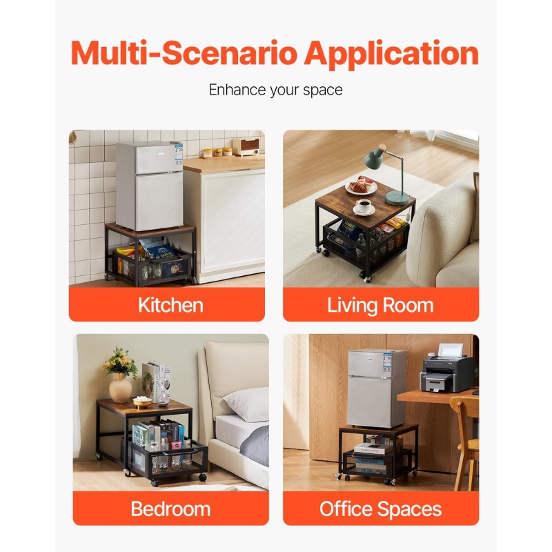Minijääkaapin teline metallirungolla E1-luokan puutasolla liikuteltavalla säilytyskärryllä ja lukittavilla pyörillä