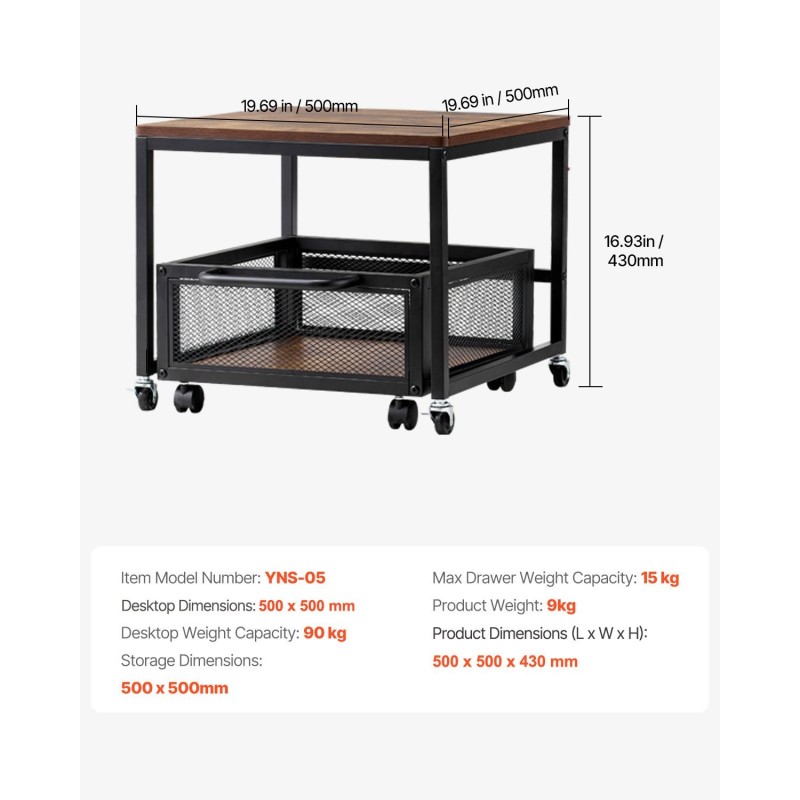 Minijääkaapin teline metallirungolla E1-luokan puutasolla liikuteltavalla säilytyskärryllä ja lukittavilla pyörillä