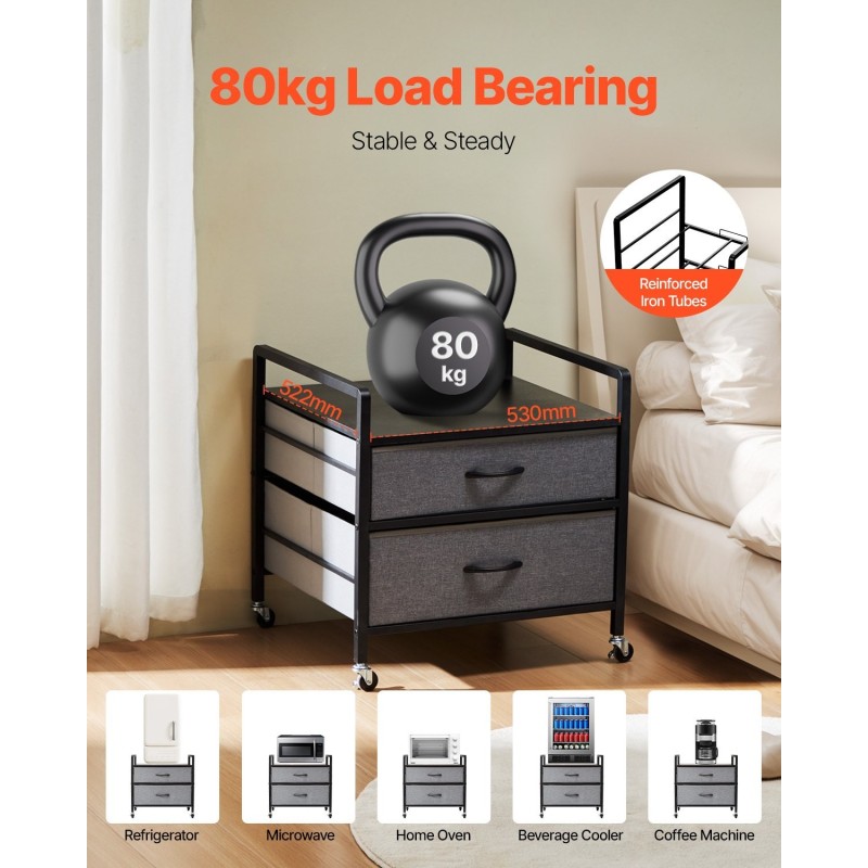 Minijääkaapin alusta metallirungolla ja massiivipuulevyllä kaksi vesitiivistä laatikkoa kääntyvillä pyörillä