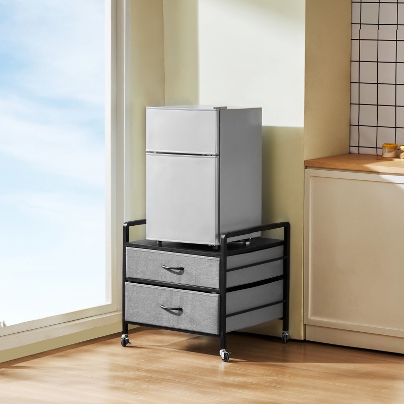 Minijääkaapin alusta metallirungolla ja massiivipuulevyllä kaksi vesitiivistä laatikkoa kääntyvillä pyörillä