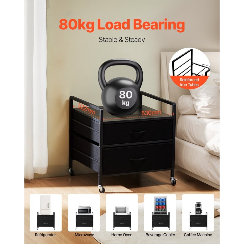 Minijääkaapin taso metallirunko viisitoista millimetriä massiivipuulevy kaksi vedenpitävää laatikkoa neljä lukittavaa pyörää