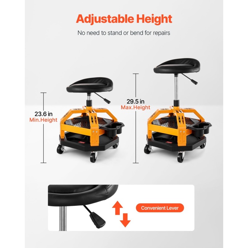 Työpajajakkara teräsrunko pneumaattinen korkeudensäätö 650–810 mm 360-asteinen pehmustettu istuin pyörillä