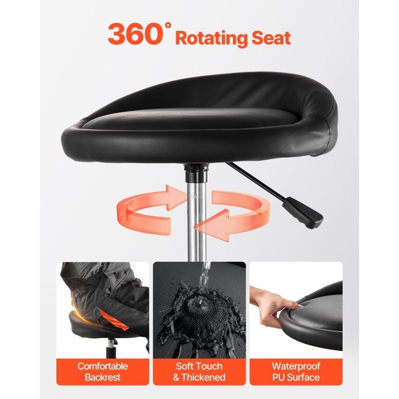 Työpajajakkara teräsrunko pneumaattinen korkeudensäätö 650–810 mm 360-asteinen pehmustettu istuin pyörillä