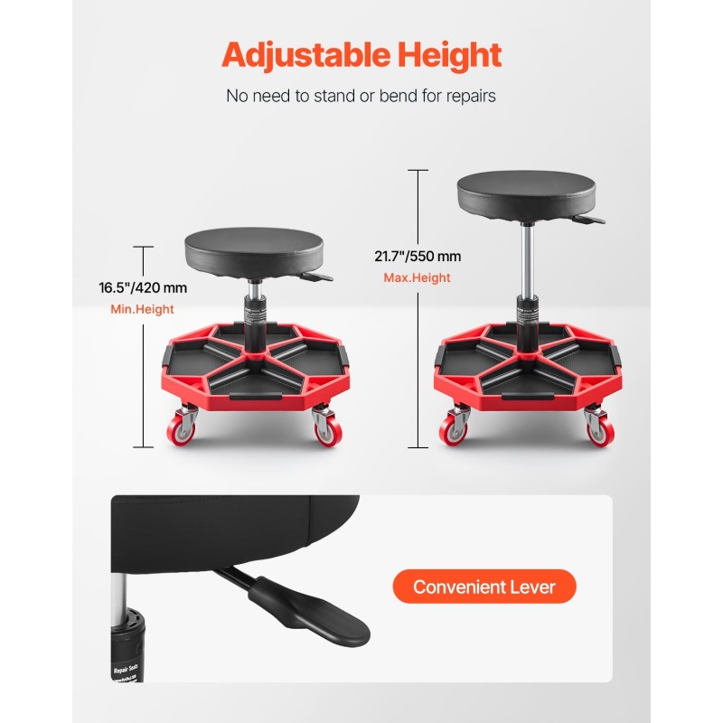 Mekaanikonjakkara säädettävä 420–550 mm teräsrunko pehmustettu istuin rullaavat pyörät kantavuus 300 paunaa