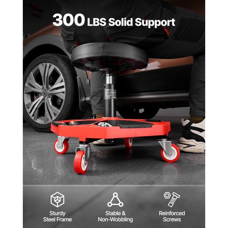 Mekaanikonjakkara säädettävä 420–550 mm teräsrunko pehmustettu istuin rullaavat pyörät kantavuus 300 paunaa