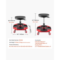 Mekaanikonjakkara säädettävä 420–550 mm teräsrunko pehmustettu istuin rullaavat pyörät kantavuus 300 paunaa