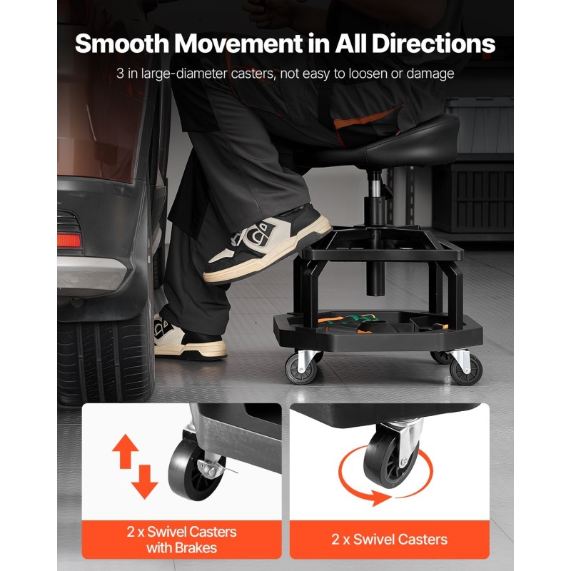 Työpajajakkara teräsrunko paineilmasäädettävällä 360-asteisella pehmustetulla istuimella pyörillä kantavuus 136 kg