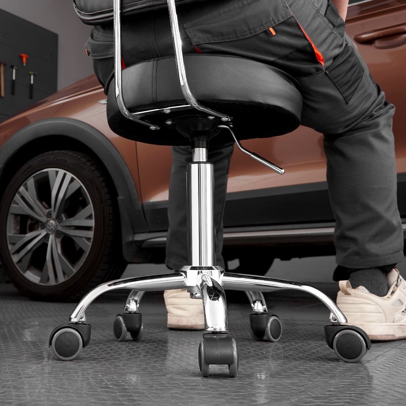 Työpajajakkara selkänojalla jauhemaalattu teräsrunko korkeussäädöllä pyörivä pehmustettu istuin