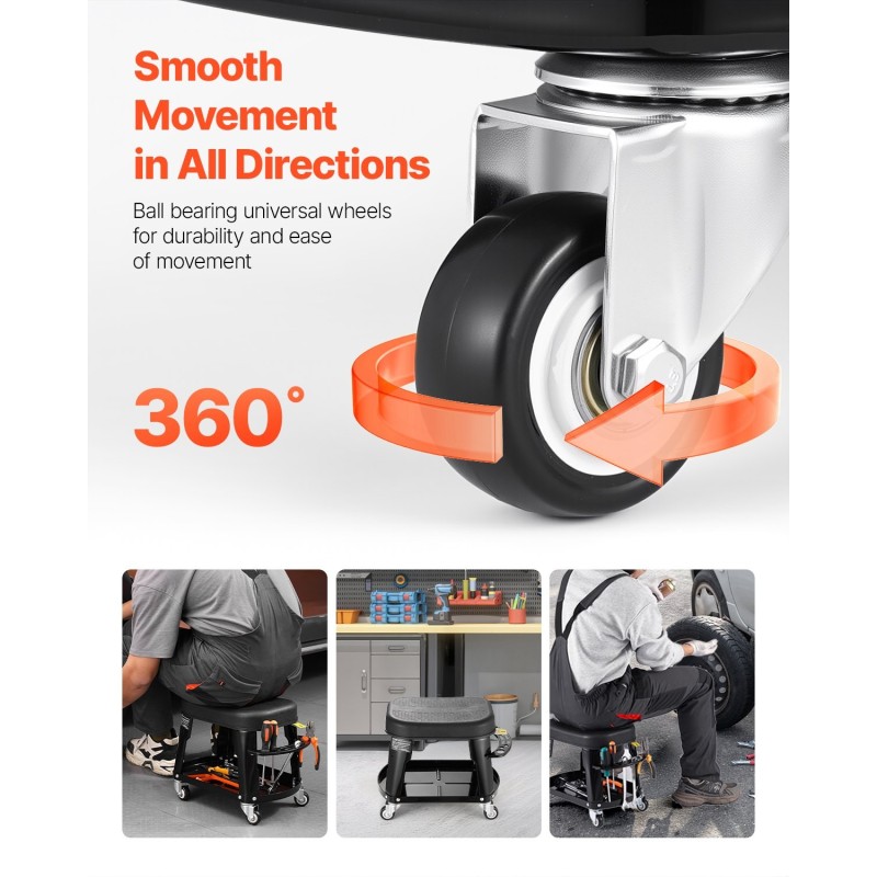 Mekaanikon jakkara teräsrunko 360 asteen kääntyvä istuin pyörillä integroidulla työkalutarjottimella