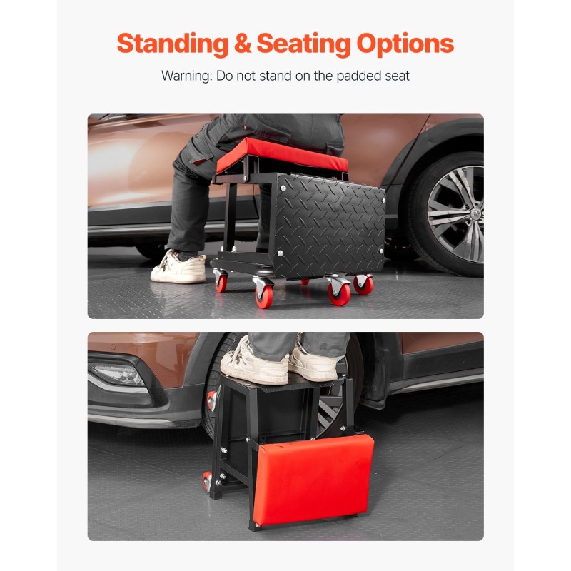 Mekaanikon pyörällinen jakkara teräsrunko pehmustettu istuin työkalutarjotin