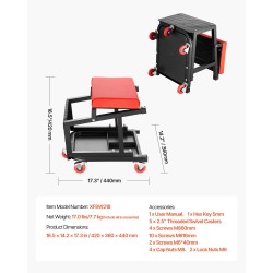 Mekaanikon pyörällinen jakkara teräsrunko pehmustettu istuin työkalutarjotin