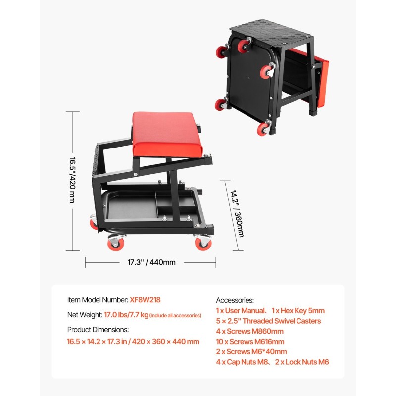 Mekaanikon pyörällinen jakkara teräsrunko pehmustettu istuin työkalutarjotin