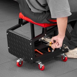 Mekaanikon pyörällinen jakkara teräsrunko pehmustettu istuin työkalutarjotin