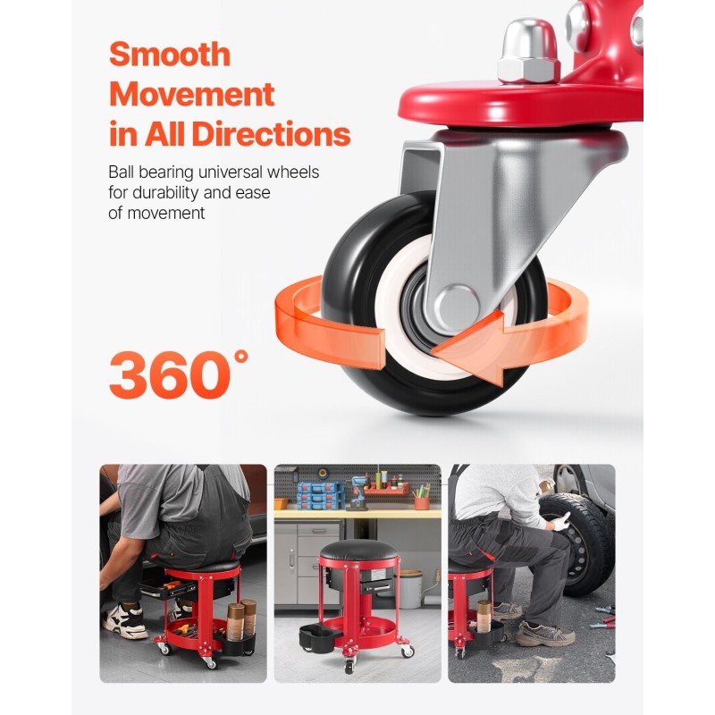 Mekaanikon rullaava jakkara teräsrunko pehmustettu istuin työkaluallas kaksi vetolaatikkoa