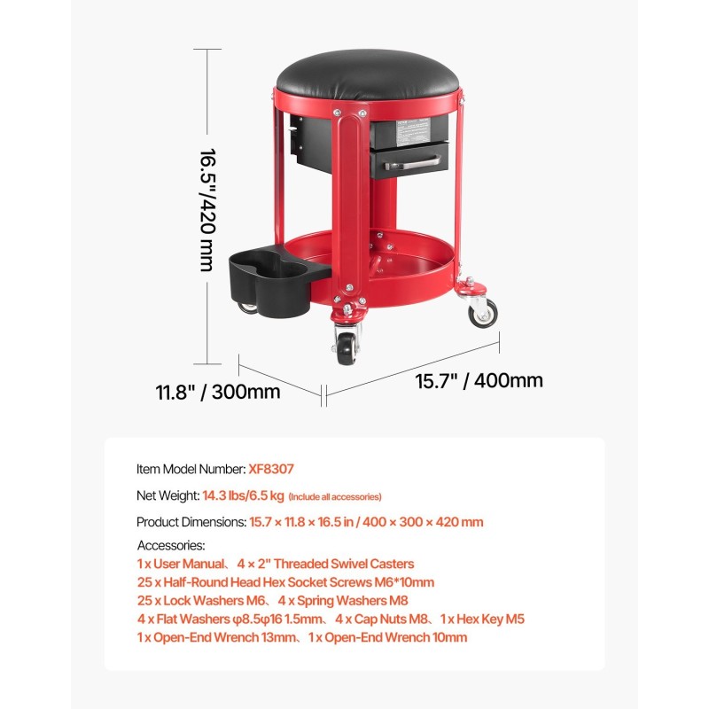 Mekaanikon rullaava jakkara teräsrunko pehmustettu istuin työkaluallas kaksi vetolaatikkoa