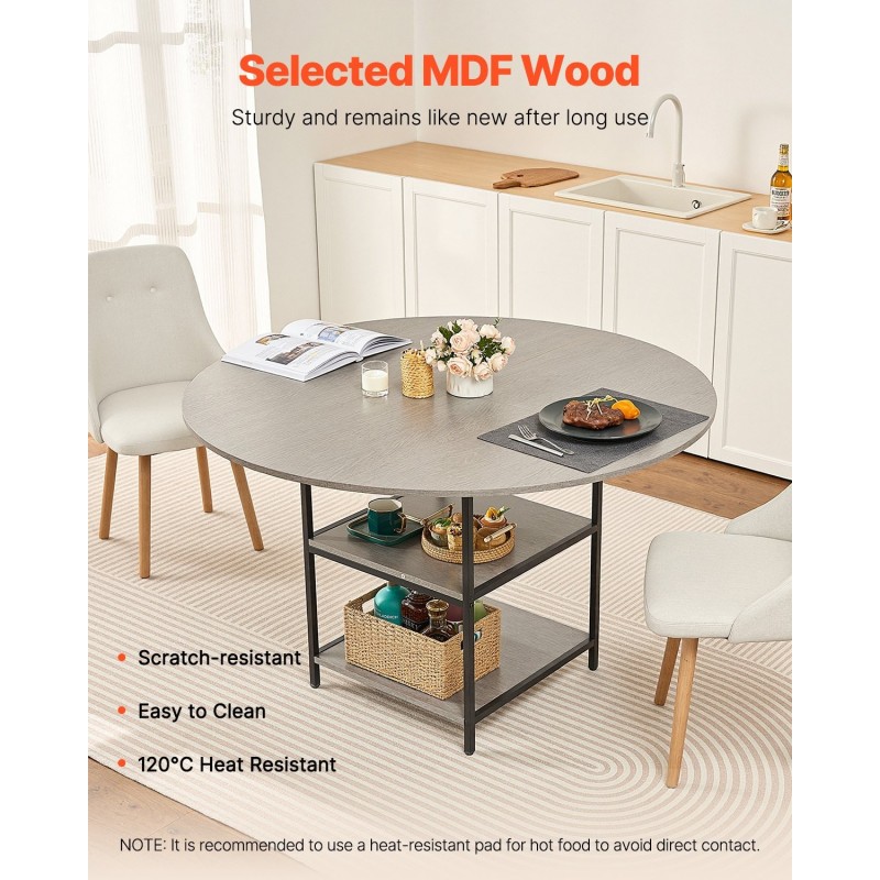 Pyöreä ruokapöytä laminoitu MDF 1200 mm 4–6 hengelle metallijaloilla ja säilytystasolla