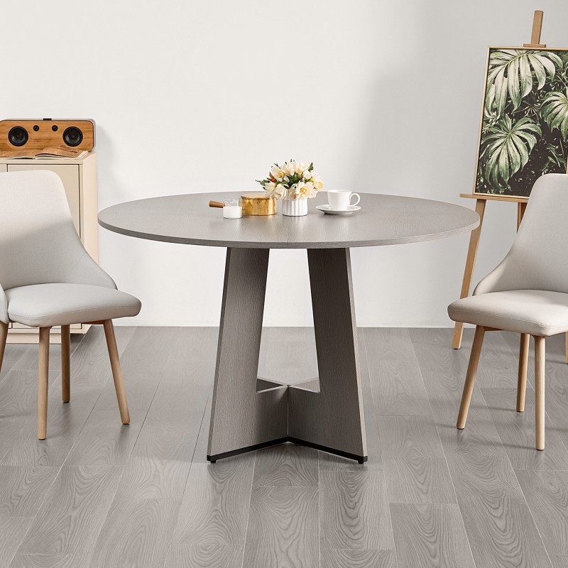 Pyöreä harmaa ruokapöytä MDF laminaattipinnalla 120 cm 4–6 hengelle paksut puujalat