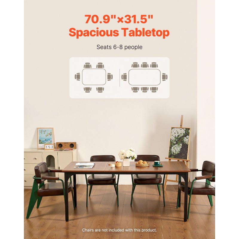 Suorakulmainen ruokapöytä MDF-laminaatti metallijalat 180×80×75 cm 6–8 hengelle ruskea
