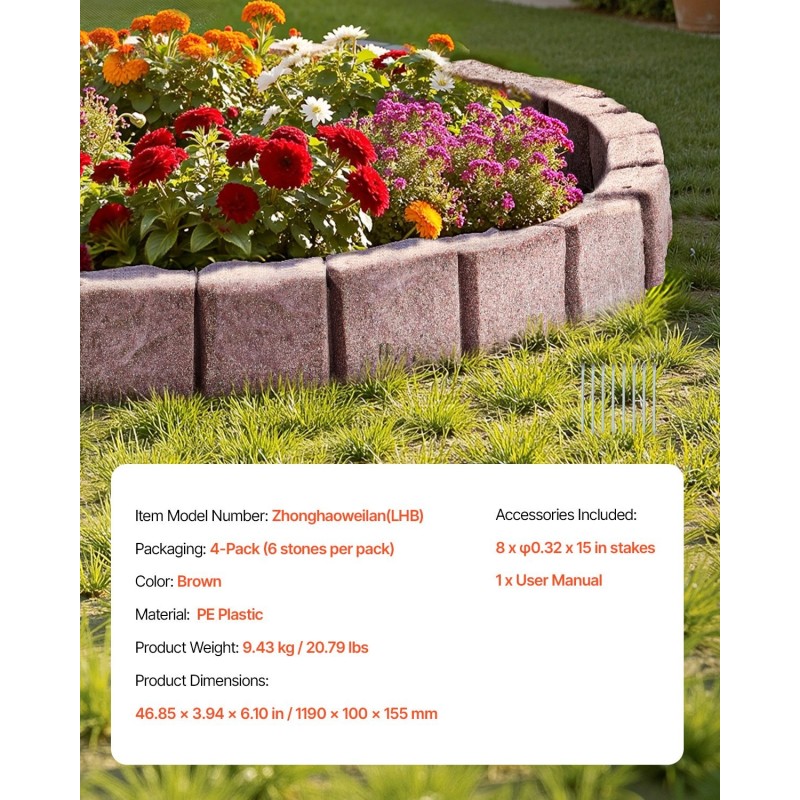 Muovinen kivireunus PE-muovi 1190 mm 4-pakkaus ruskea piha-rajaukseen