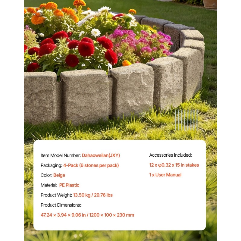 Keinokivinen reunus PE-muovi 1200x100x230 mm beige 4 pakkausta nurmikon rajaukseen