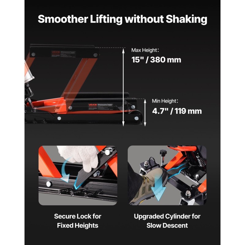 Moottoripyöränostin valurautainen hydraulinen pneumaattinen 1500 paunaa kantavuus nostokorkeus 119–381 mm mönkijöille