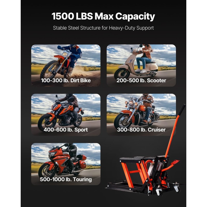 Moottoripyöränostin valurautainen hydraulinen pneumaattinen 1500 paunaa kantavuus nostokorkeus 119–381 mm mönkijöille