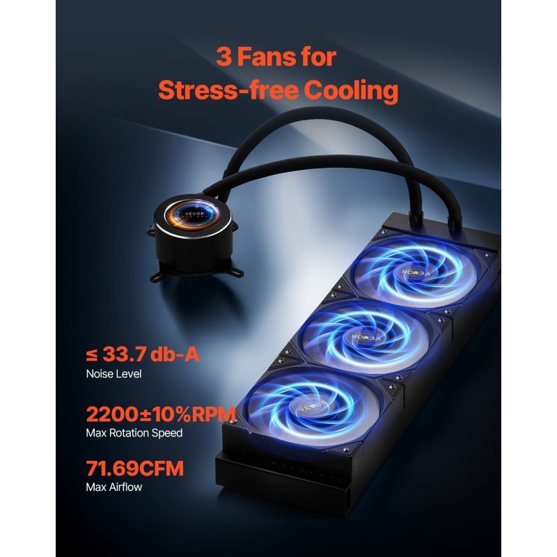 AIO-nestekylmäjärjestelmä kolmella 120 mm PWM-tuulettimella alumiiniradiolla 2,1 tuuman pumpunäytöllä Intel/AMD-yhteensopiva