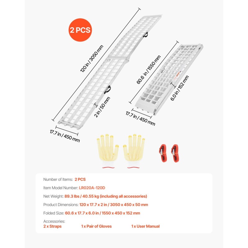 Alumiiniset kuormausrampit kaksi kappaletta taitettavat kumikynnyslevyt mönkijöille ja moottoripyörille