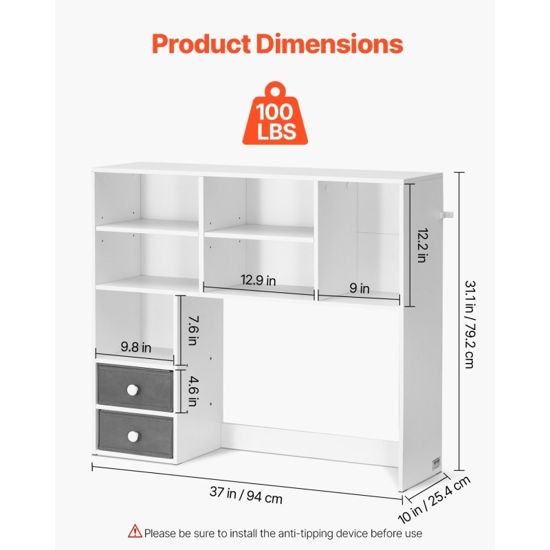Pöytähylly 3-tasoinen valkoinen melamiinipinnoitettu lastulevy kangaslaatikoilla