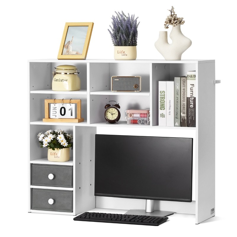 Pöytähylly 3-tasoinen valkoinen melamiinipinnoitettu lastulevy kangaslaatikoilla