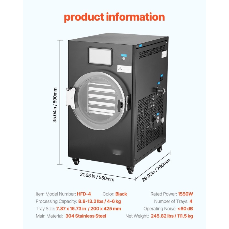 Pakastekuivain 4-tasoinen 4–6 kg per erä 304-ruostumaton teräs tyhjiöpumpulla kotikäyttöön