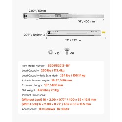 Laatikkokiskopari terästä 400 mm sivukiinnitys lukittava 113 kg kantavuus