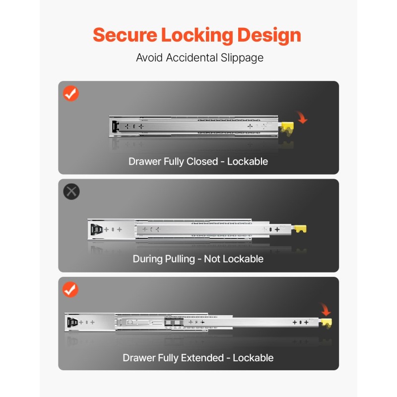 Täyden ulosvedon kuulalaakeroidut laatikkokiskot teräs 950 mm lukittava pari