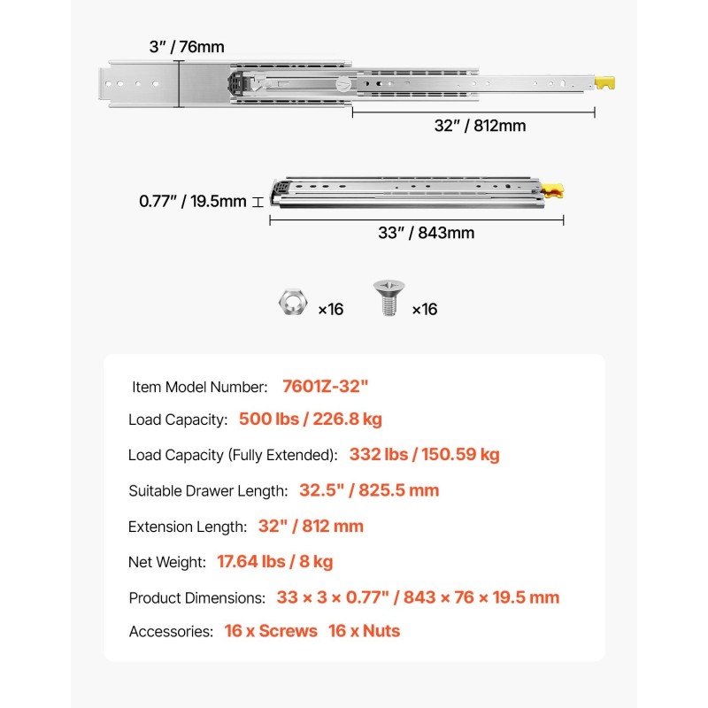 Teräksiset lukittavat täyspitkät laatikokiskot 825 mm laatikolle 226,8 kg kantavuus kuulalaakerilla