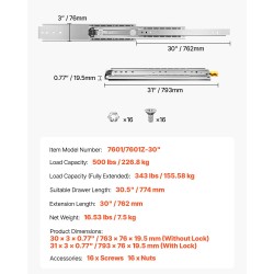 Sivukiinnitteiset teräslaatikkokiskot täysi ulosveto 774 mm kuulalaakeri lukko kantavuus 226,8 kg