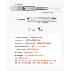 Teräs laatikkokiskot 1220 mm täyden ulosvedon lukittavat 226,8 kg
