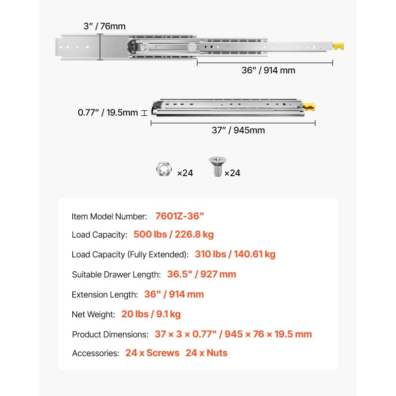 Täysiulotteiset sivukiinnitteiset teräs laatikon kiskot 927 mm pari 226,8 kg kantavuus
