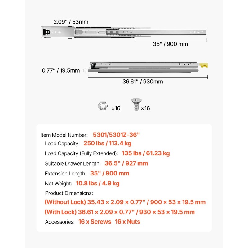 Teräksiset täyden ulosvedon laatikkokiskot 900 mm pari lukittavat 113 kg kantavuus