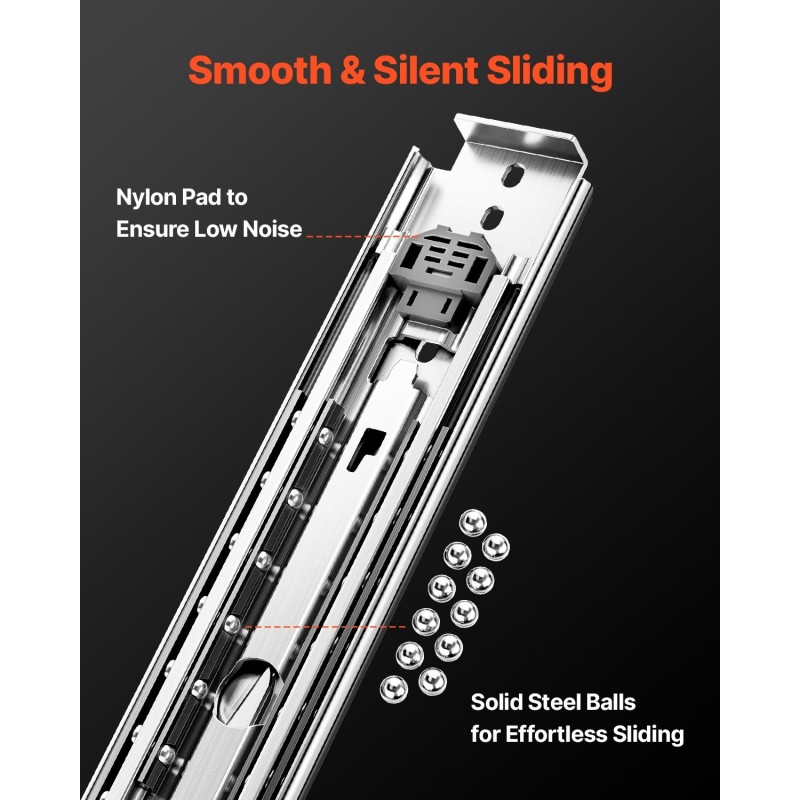 Täyspitkät sivukiinnitteiset teräksiset vetolaatikkokiskot 540 mm 226,8 kg lukitustoiminto