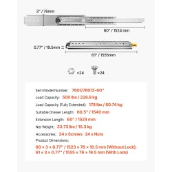 Teräksiset kuulalaakeroidut lukittavat laatikkokiskot 1524 mm pari kantavuus 226,8 kg