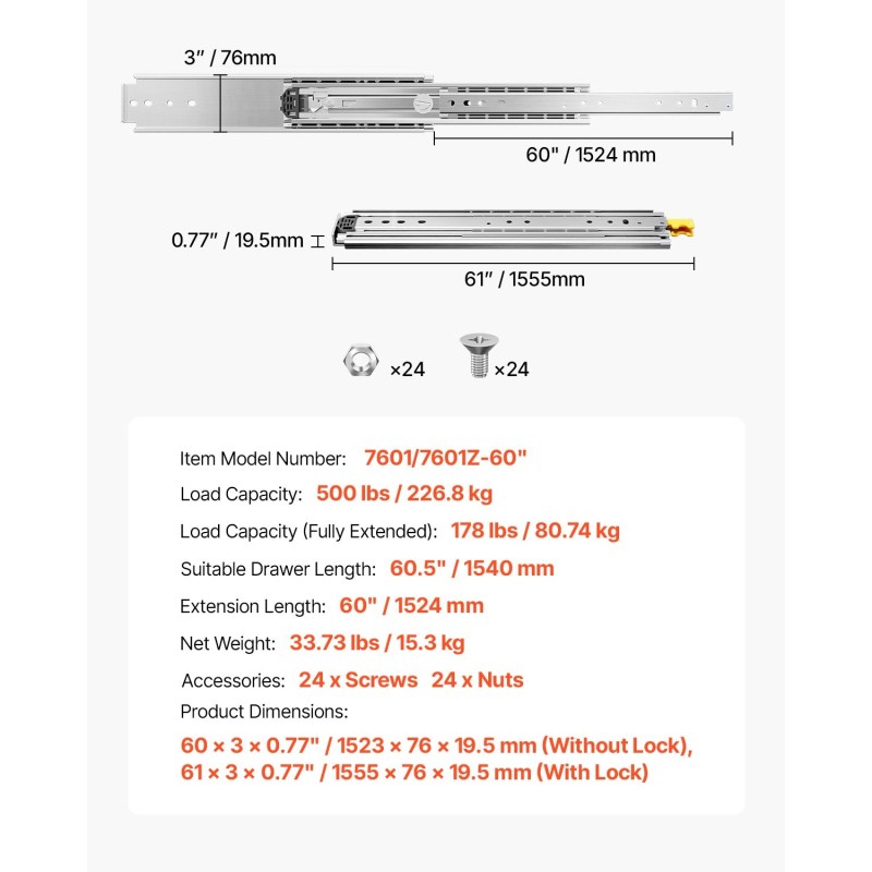 Teräksiset kuulalaakeroidut lukittavat laatikkokiskot 1524 mm pari kantavuus 226,8 kg