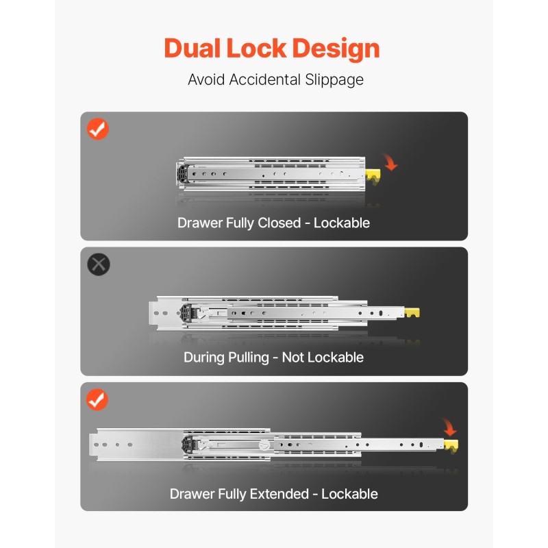 Teräksiset kuulalaakeroidut lukittavat täyteen ulosvedettävät laatikkokiskot 1219 mm 1 pari