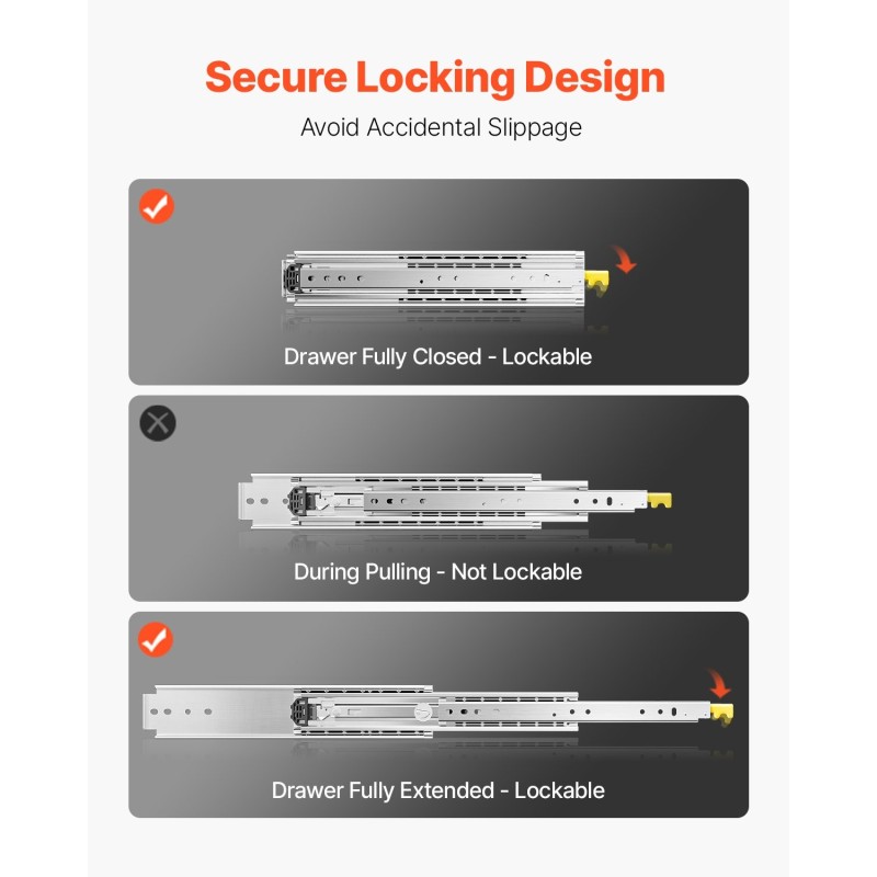 Täyspitkät lukittavat kuulalaakerikiskot sivukiinnitys 914 mm ulosveto kantavuus 226,8 kg